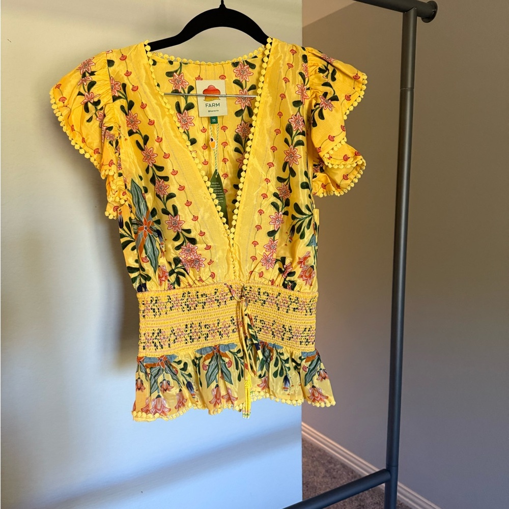 FARM Rio Yellow Floral Blouse with Ruffle Sleeves